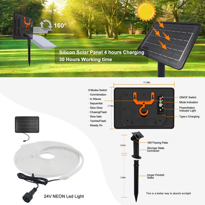 Solar LED Neon Strip Light 5m 10m DC 24V 120LED/m 2835 Flexible Lights 6x12mm Waterproofof