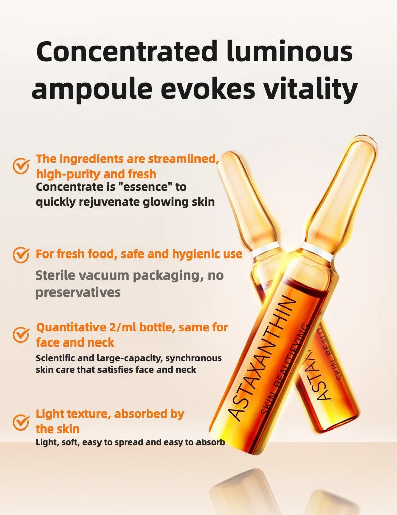 As ampolas faciais antirrugas de astaxantina removem manchas escuras e clareiam a melanina.