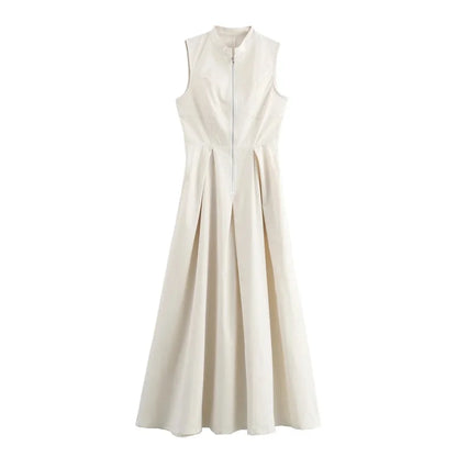 TRAF Vestido comprido com fecho para mulher plissado sem mangas