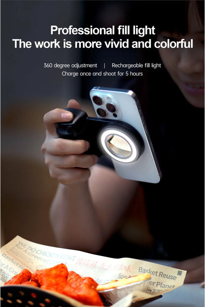 Empuñadura magnética para smartphone con control remoto Bluetooth desmontable de 30 m con luz de relleno, mango para selfis antivibración, soporte para fotos