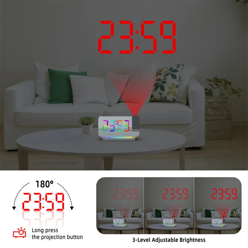 FM Radio 180° Projection Alarm Clock RGB With RGB Night Light 6 Levels Brightness