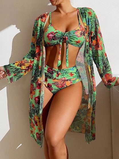 3-Piece Floral Bikini Set with Mesh Cover-Up