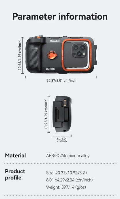 Carcasa Impermeable TELESIN para Teléfono de Buceo, Soporte Universal para Teléfono con Empuñadura
