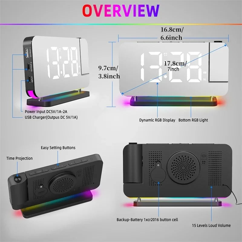 FM Radio 180° Projection Alarm Clock RGB With RGB Night Light 6 Levels Brightness