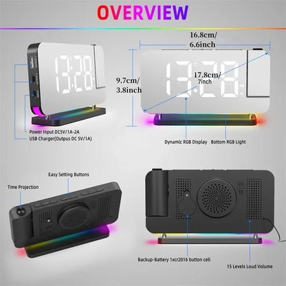 FM Radio 180° Projection Alarm Clock RGB With RGB Night Light 6 Levels Brightness