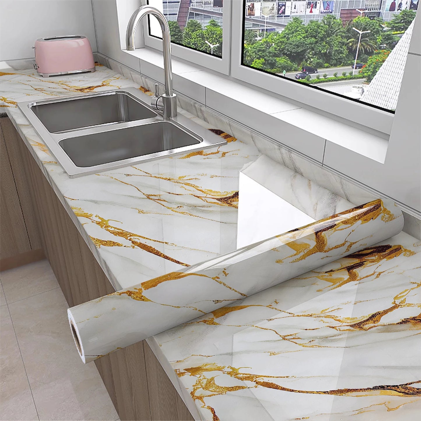 Papel de parede autocolante com estampa de mármore para cozinha, resistente à água e ao óleo.
