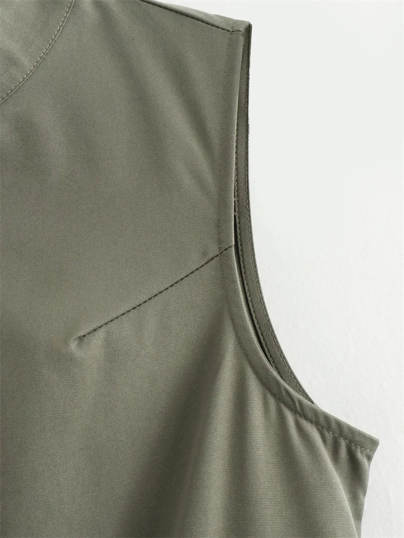TRAF Vestido comprido com fecho para mulher plissado sem mangas