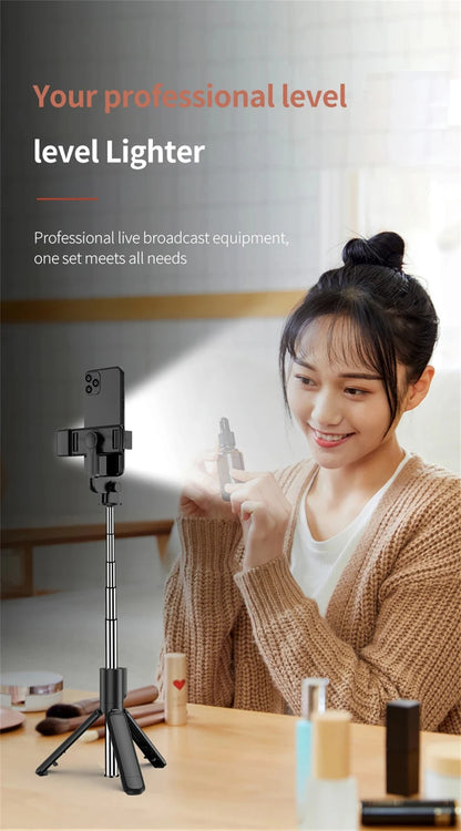 Trípode extensible 3 en 1 con Bluetooth, palo selfi con control remoto y luz de relleno portátil y plegable