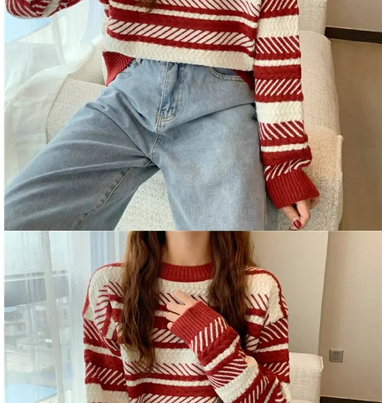 Red Striped Sweater Christmas New Year Woman Top All-match Fashion