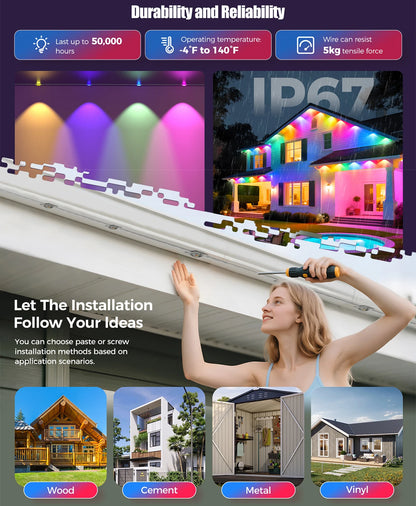 60M Smart RGB Eave Lights App & Remote IP67 Permanent Outdoor LED