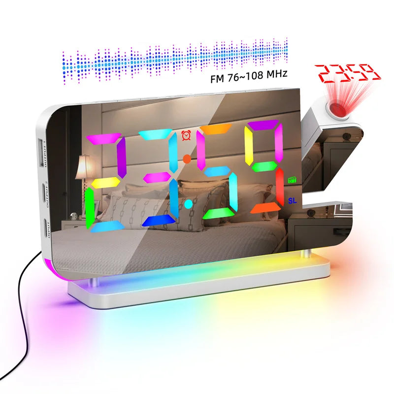 FM Radio 180° Projection Alarm Clock RGB With RGB Night Light 6 Levels Brightness