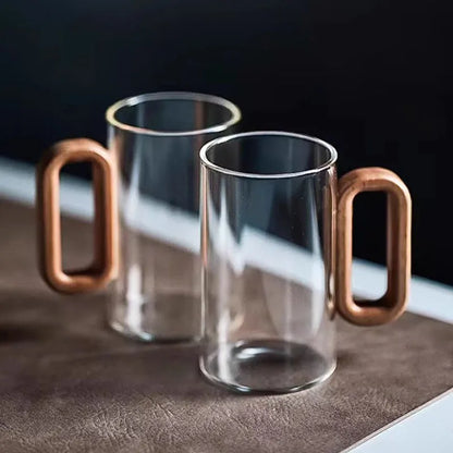 Juego de 2/4/6 tazas de vidrio con mango de madera, resistentes al calor, transparentes