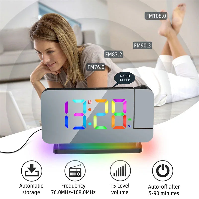 FM Radio 180° Projection Alarm Clock RGB With RGB Night Light 6 Levels Brightness