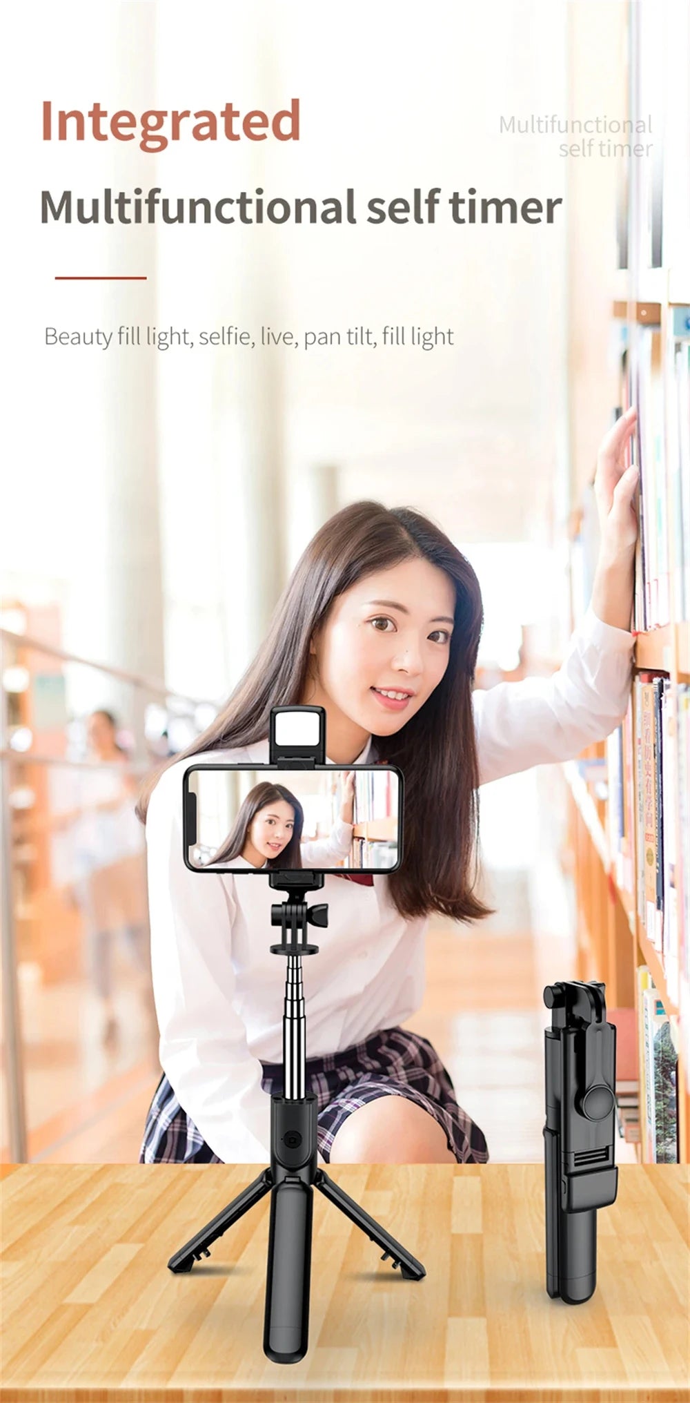 Trípode extensible 3 en 1 con Bluetooth, palo selfi con control remoto y luz de relleno portátil y plegable