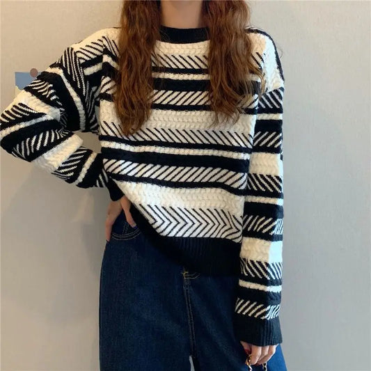 Red Striped Sweater Christmas New Year Woman Top All-match Fashion