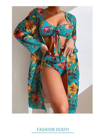 3-Piece Floral Bikini Set with Mesh Cover-Up