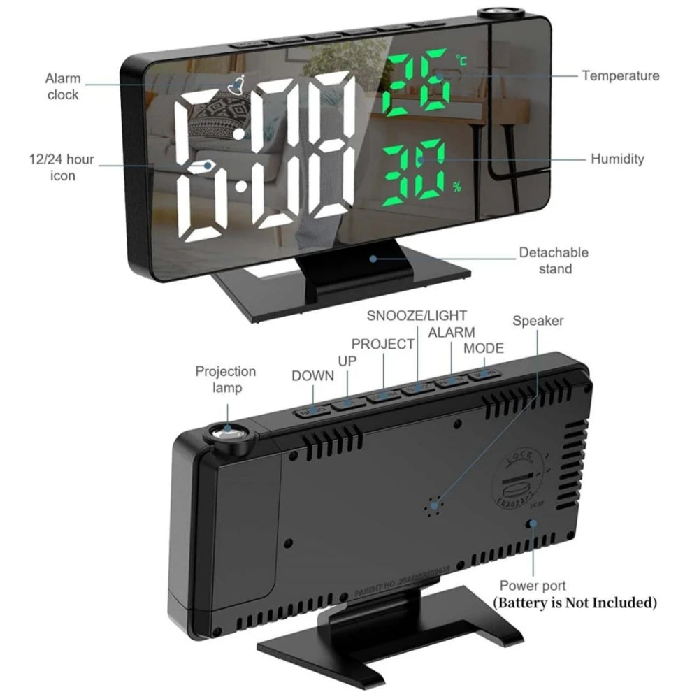 Reloj despertador digital con proyección de brazo de 180°, temperatura, humedad, modo nocturno, repetición de alarma 12/24 h 
