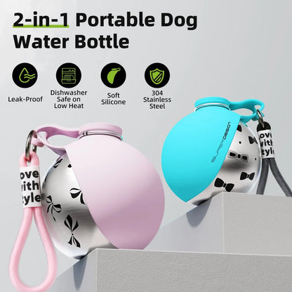Pet Portable 285ML Water Bottle 304 Stainless Steel Foldable Basin Food-Grade Silicone Blue Pink Outdoor Pet Drinking Solution