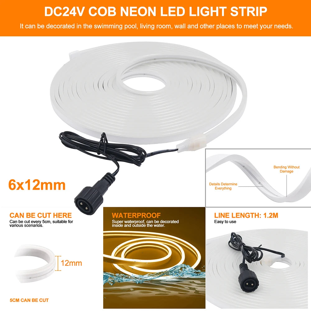 Solar LED Neon Strip Light 5m 10m DC 24V 120LED/m 2835 Flexible Lights 6x12mm Waterproofof