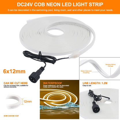 Solar LED Neon Strip Light 5m 10m DC 24V 120LED/m 2835 Flexible Lights 6x12mm Waterproofof