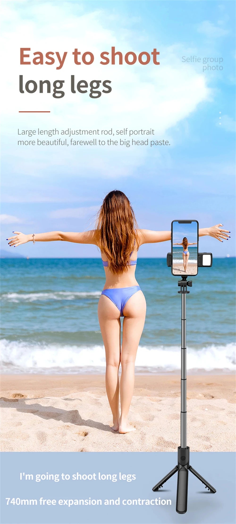 Trípode extensible 3 en 1 con Bluetooth, palo selfi con control remoto y luz de relleno portátil y plegable