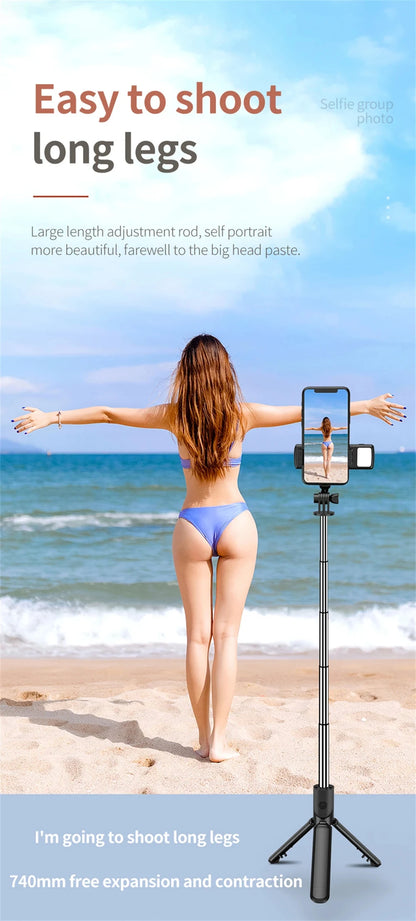 Trípode extensible 3 en 1 con Bluetooth, palo selfi con control remoto y luz de relleno portátil y plegable