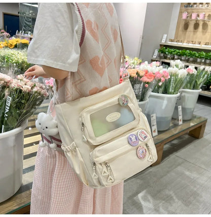 Mochila de camada transparente com vários bolsos e fecho, bolsa exterior grande