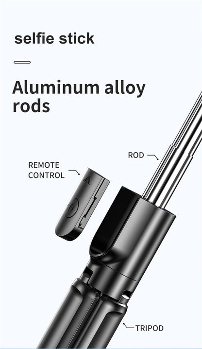 Trípode extensible 3 en 1 con Bluetooth, palo selfi con control remoto y luz de relleno portátil y plegable