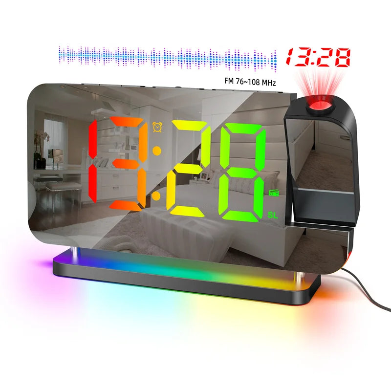 FM Radio 180° Projection Alarm Clock RGB With RGB Night Light 6 Levels Brightness