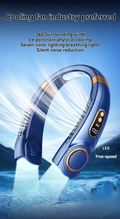 Portable Ice-Cooling Fan with LED Light, Silent Bladeless Halterneck Design