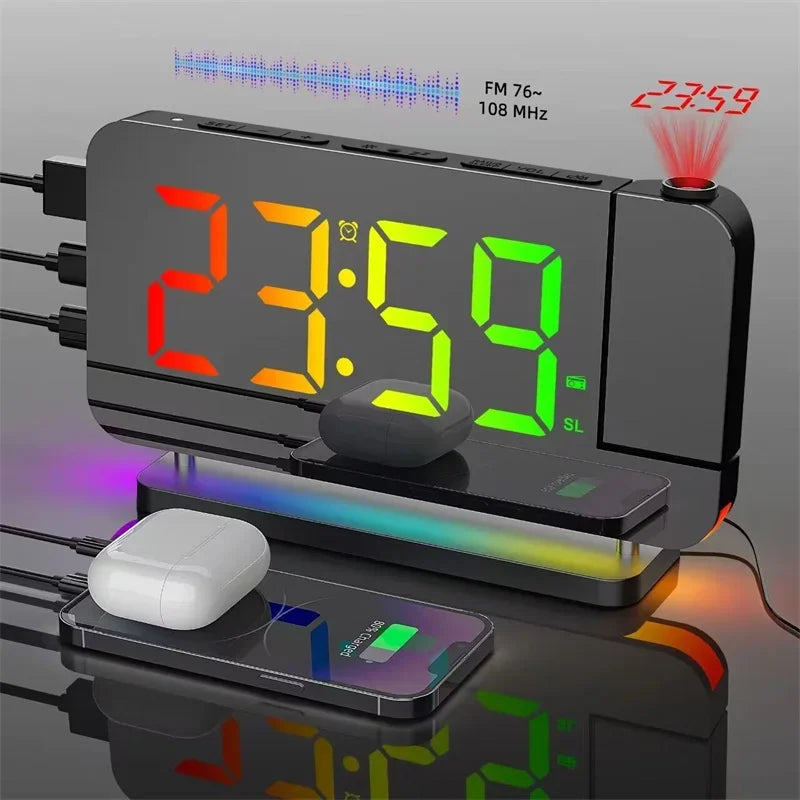 FM Radio 180° Projection Alarm Clock RGB With RGB Night Light 6 Levels Brightness