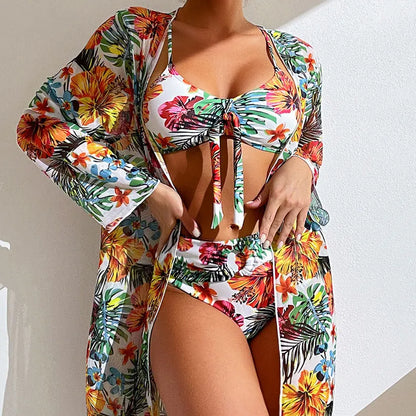 3-Piece Floral Bikini Set with Mesh Cover-Up