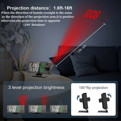 Reloj despertador digital con proyección de brazo de 180°, temperatura, humedad, modo nocturno, repetición de alarma 12/24 h 