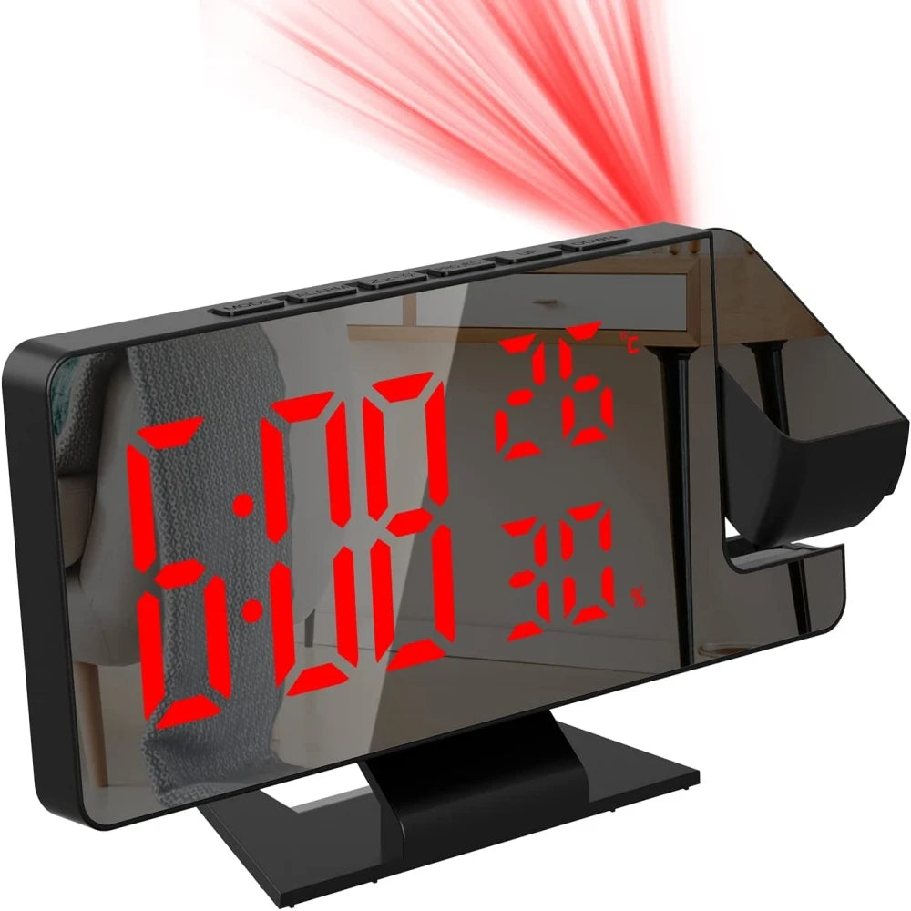 Reloj despertador digital con proyección de brazo de 180°, temperatura, humedad, modo nocturno, repetición de alarma 12/24 h 