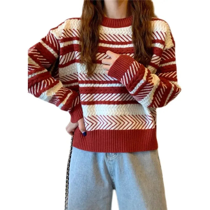 Red Striped Sweater Christmas New Year Woman Top All-match Fashion