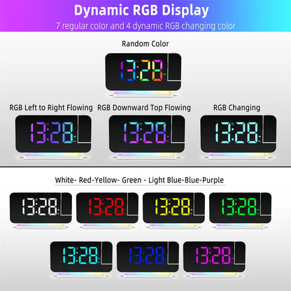 FM Radio 180° Projection Alarm Clock RGB With RGB Night Light 6 Levels Brightness