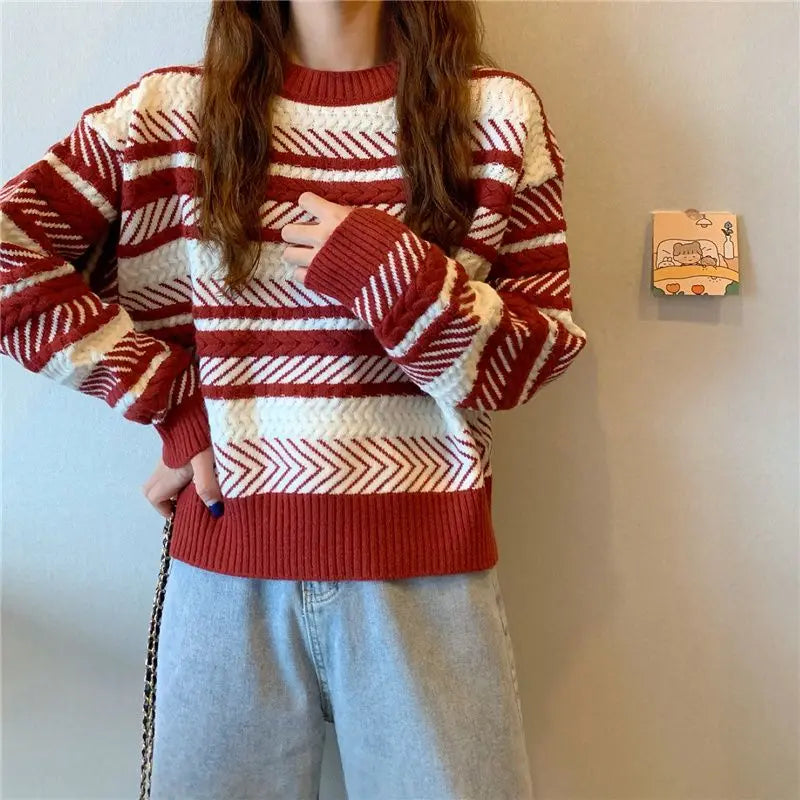 Red Striped Sweater Christmas New Year Woman Top All-match Fashion