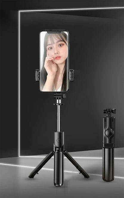 Trípode extensible 3 en 1 con Bluetooth, palo selfi con control remoto y luz de relleno portátil y plegable