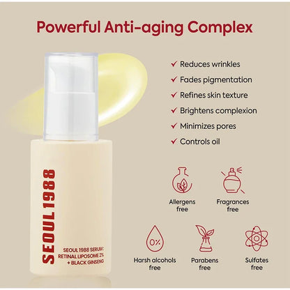Sérum facial coreano de retinol de 1988, com ginseng preto, niacinamida e vitamina C.