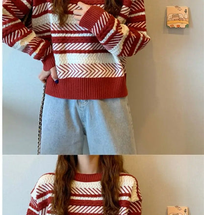 Red Striped Sweater Christmas New Year Woman Top All-match Fashion