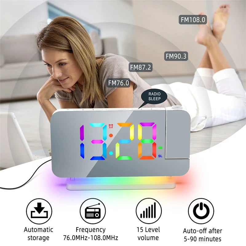 FM Radio 180° Projection Alarm Clock RGB With RGB Night Light 6 Levels Brightness