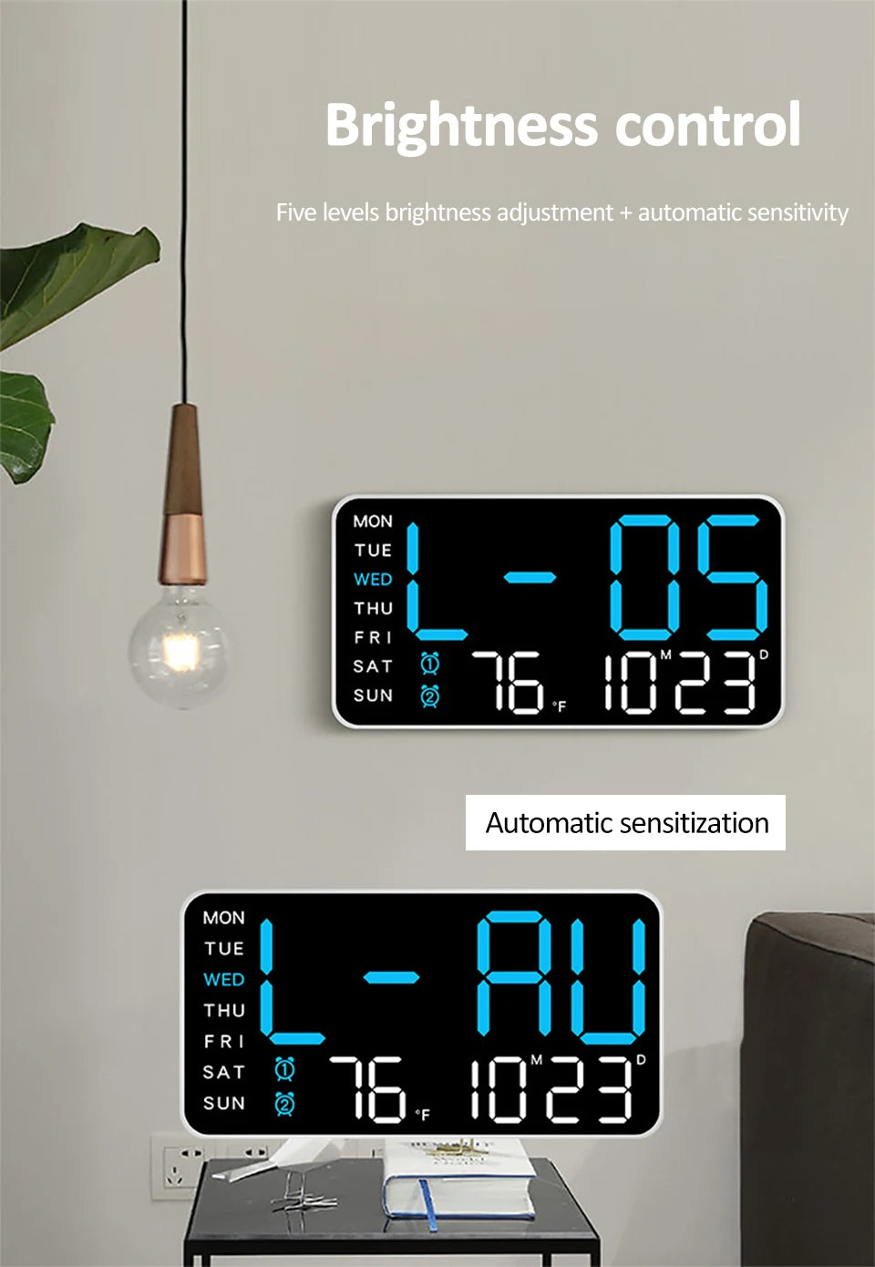 Large Digital Wall Clock Temp Date Week Display Remote Control USB