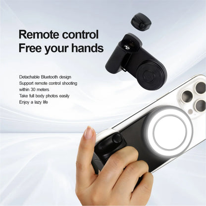 Empuñadura magnética para smartphone con control remoto Bluetooth desmontable de 30 m con luz de relleno, mango para selfis antivibración, soporte para fotos