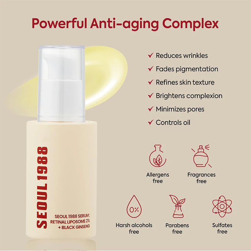 Sérum facial coreano de retinol de 1988, com ginseng preto, niacinamida e vitamina C.