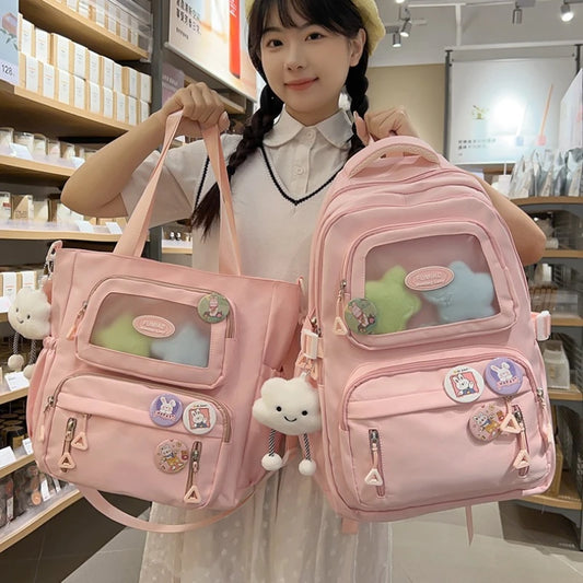 Mochila de camada transparente com vários bolsos e fecho, bolsa exterior grande