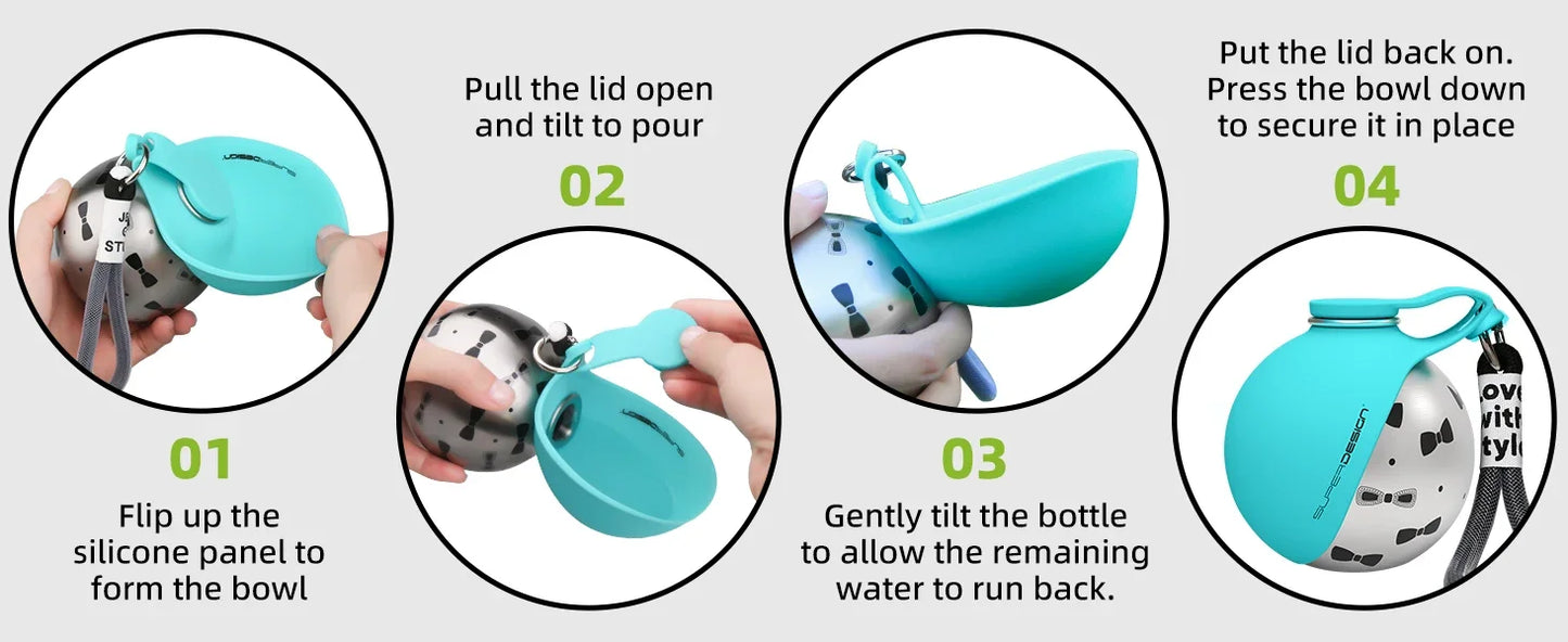 Pet Portable 285ML Water Bottle 304 Stainless Steel Foldable Basin Food-Grade Silicone Blue Pink Outdoor Pet Drinking Solution