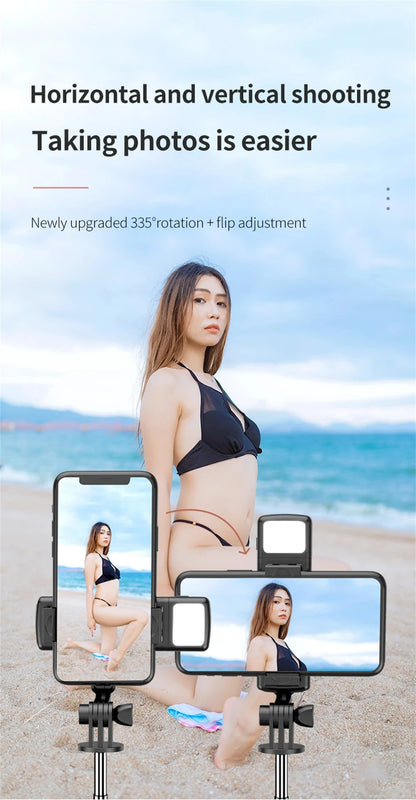 Trípode extensible 3 en 1 con Bluetooth, palo selfi con control remoto y luz de relleno portátil y plegable
