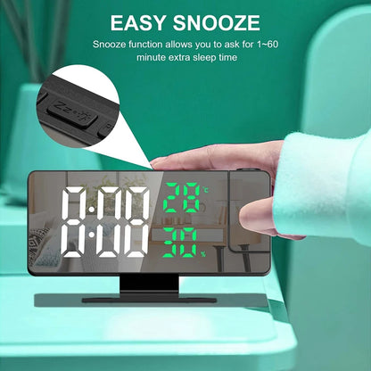 Reloj despertador digital con proyección de brazo de 180°, temperatura, humedad, modo nocturno, repetición de alarma 12/24 h 