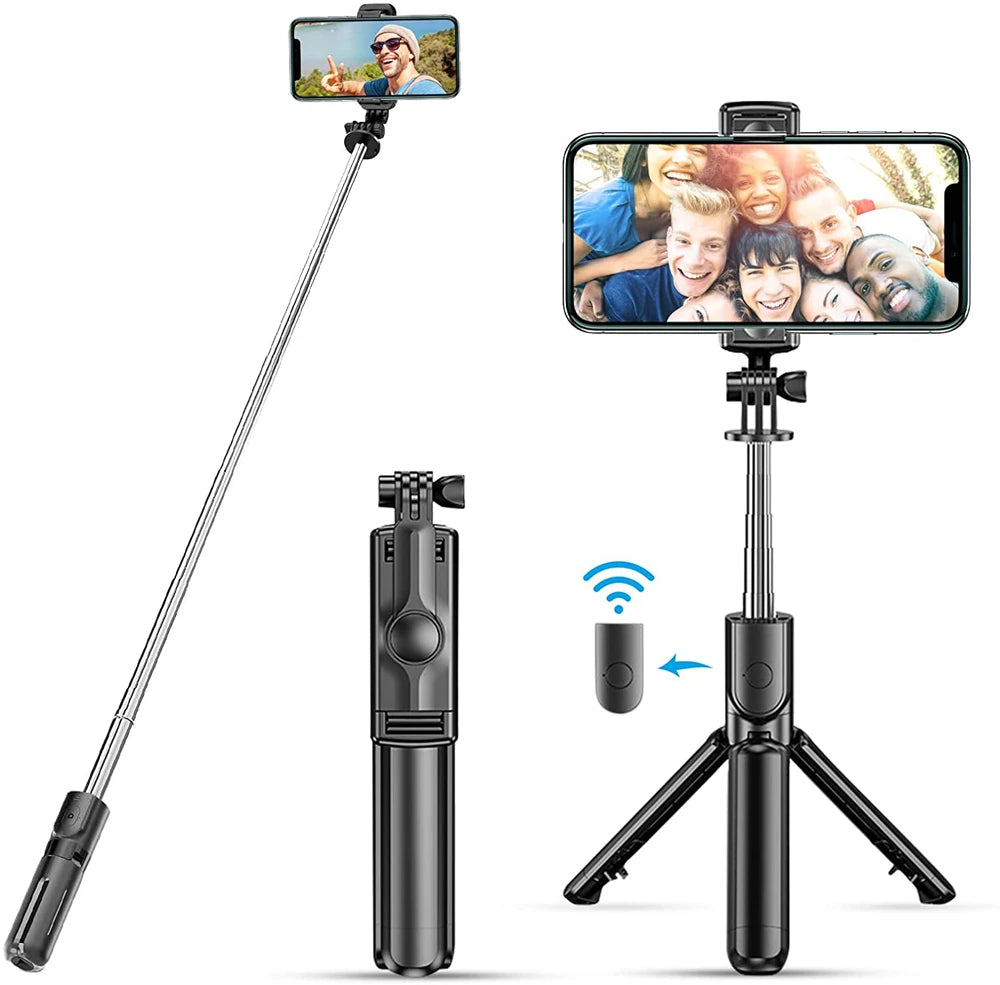 Trípode extensible 3 en 1 con Bluetooth, palo selfi con control remoto y luz de relleno portátil y plegable