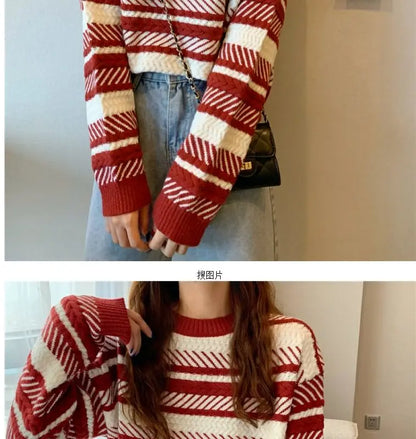 Red Striped Sweater Christmas New Year Woman Top All-match Fashion